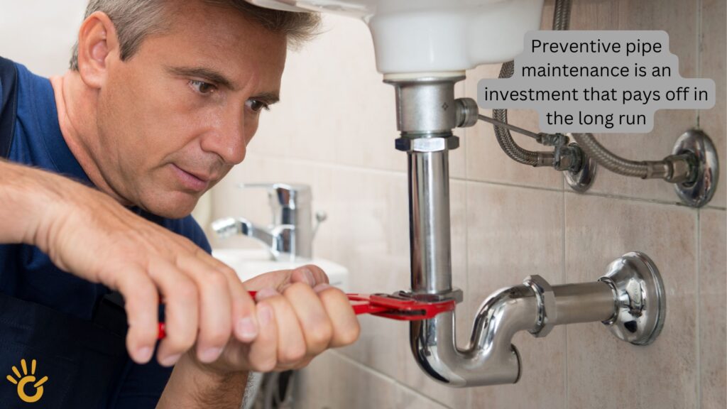 A dripping faucet, a common sign of a plumbing leak that should be addressed as part of preventive pipe maintenance.